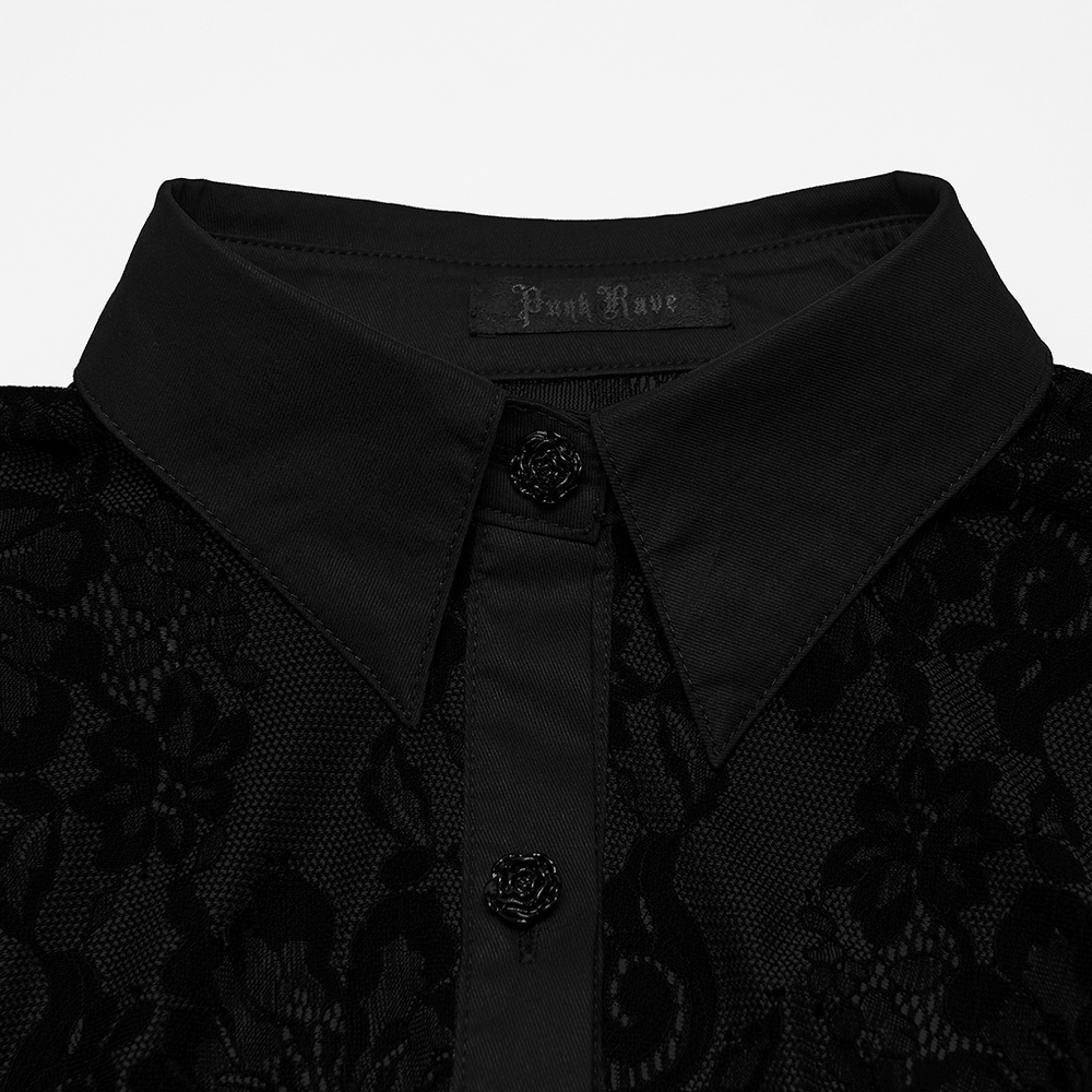 Black Gothic Lace Shirt with Corset Back and Ruffle Hem - close-up of collar and floral lace detail.