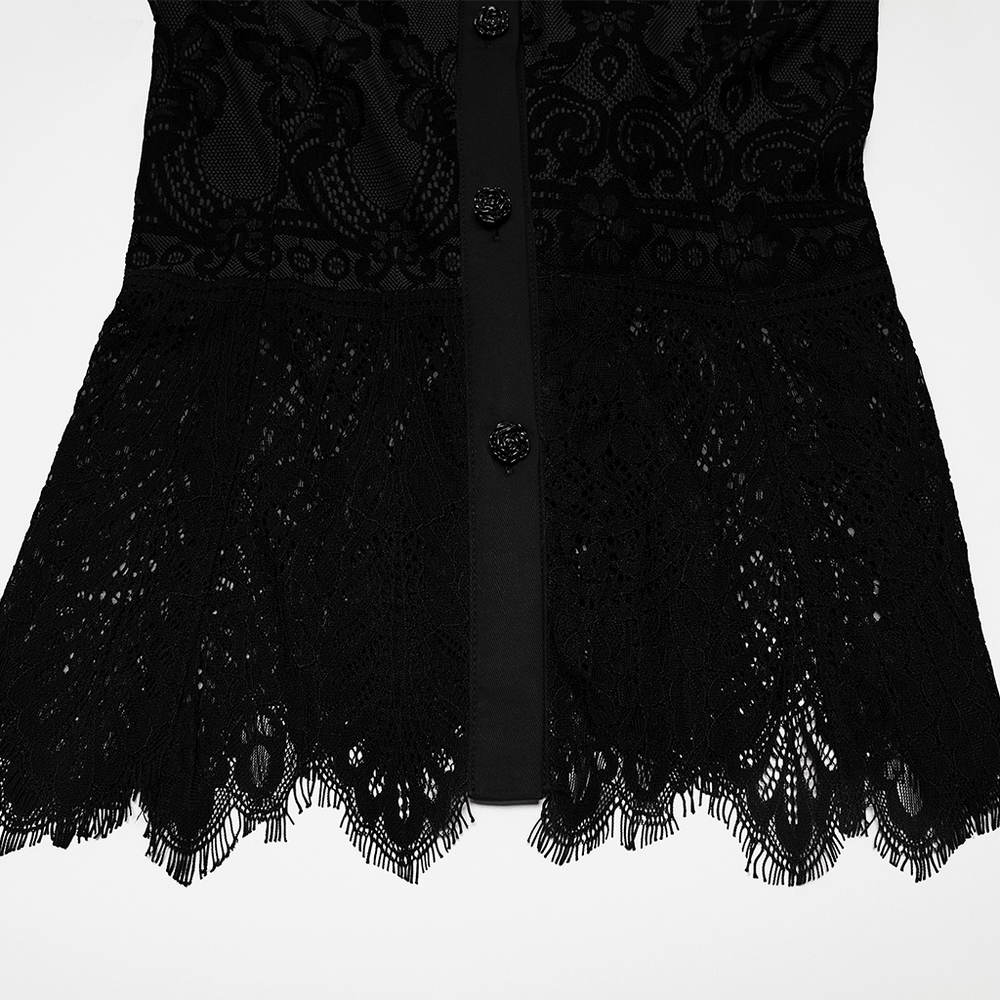 Black Gothic Lace Shirt with Corset Back and Ruffle Hem featuring floral lace and ruffled hem detail.