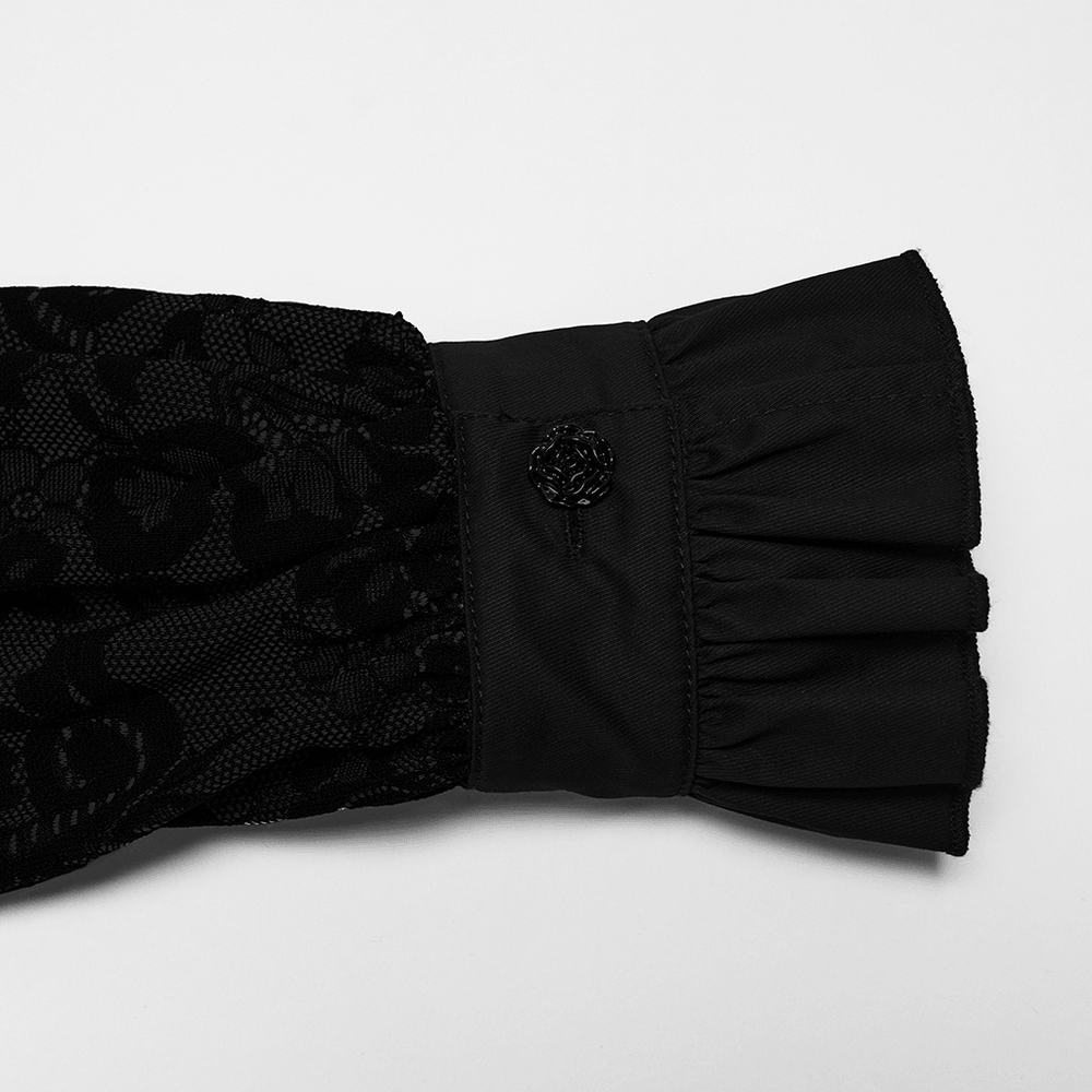 Black Gothic Lace Shirt with Corset Back and Ruffle Hem cuff detail with floral lace and ruffled edge.