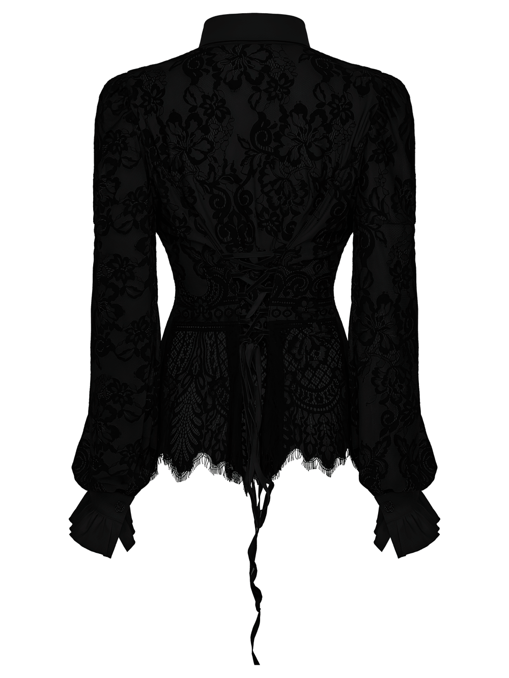 Back view of Black Gothic Lace Shirt with Corset Back and Ruffle Hem featuring floral lace and ruffled cuffs.