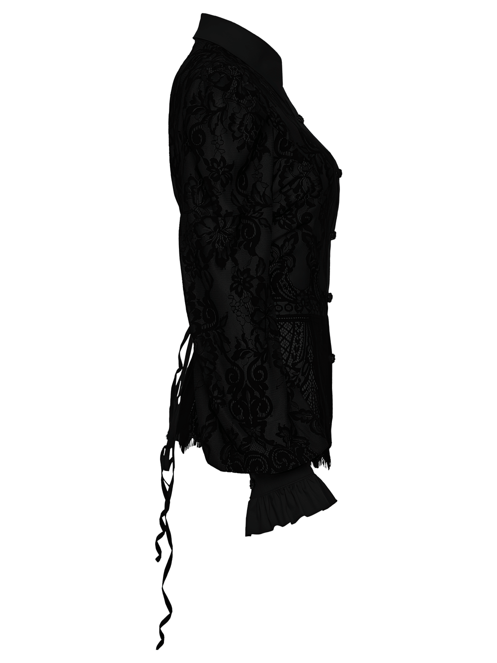 Black Gothic Lace Shirt with Corset Back and Ruffle Hem featuring floral lace and adjustable lacing at the back.