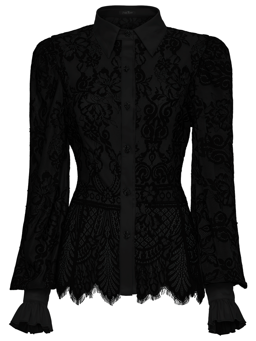 Black Gothic Lace Shirt with Corset Back and Ruffle Hem showcasing floral lace detail and ruffled cuffs.
