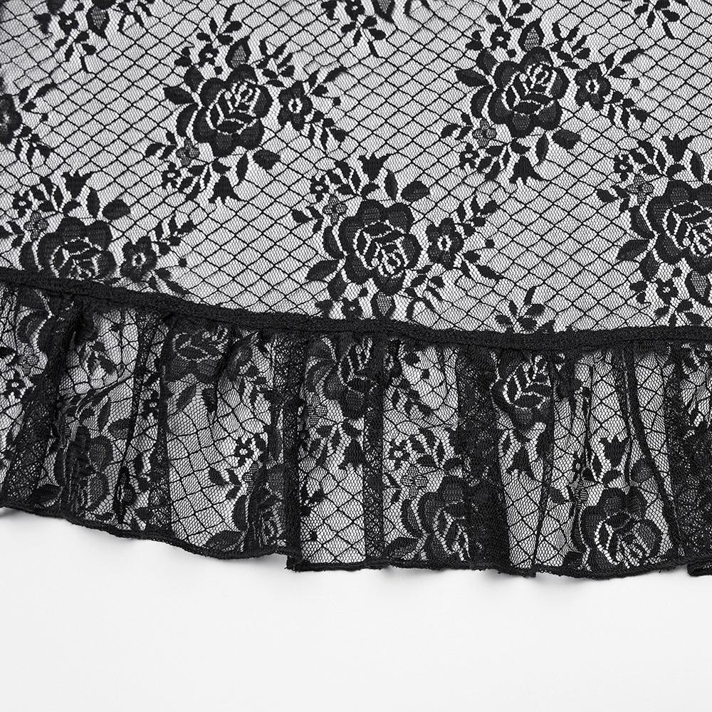 Black Gothic Lace Shorts with High-Low Ruffled Hem showcasing delicate floral lace and ruffled hem detail.