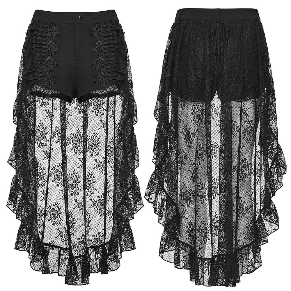 Black Gothic Lace Shorts with High-Low Ruffled Hem showcasing delicate floral lace and a dramatic ruffled hem.