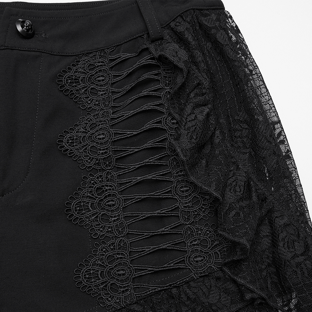 Black Gothic Lace Shorts with High-Low Ruffled Hem showcasing intricate lace detailing and ruffled design.