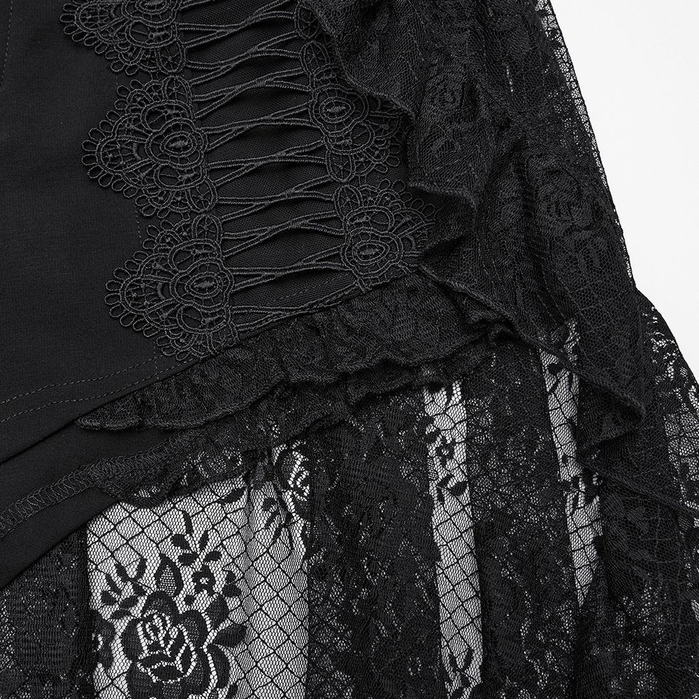 Black Gothic Lace Shorts with High-Low Ruffled Hem featuring a delicate lace overlay and intricate design details.