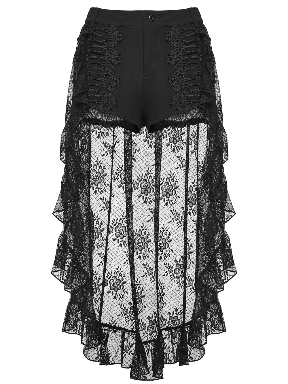Black Gothic Lace Shorts with High-Low Ruffled Hem showcasing a stunning lace overlay and ruffled design.