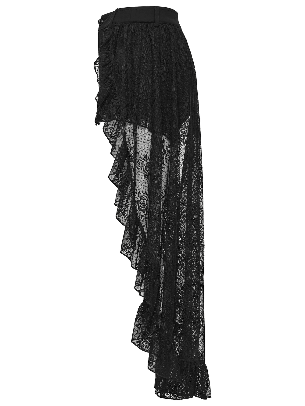 Black Gothic Lace Shorts with High-Low Ruffled Hem showcasing elegant lace detail and dramatic ruffled hemline.