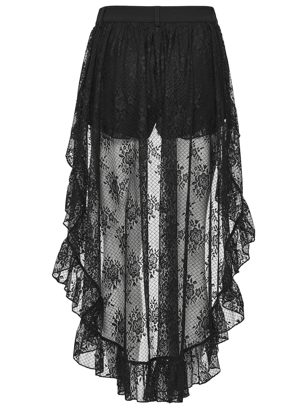 Black Gothic Lace Shorts with High-Low Ruffled Hem showcasing a chic sheer lace overlay and playful ruffles.