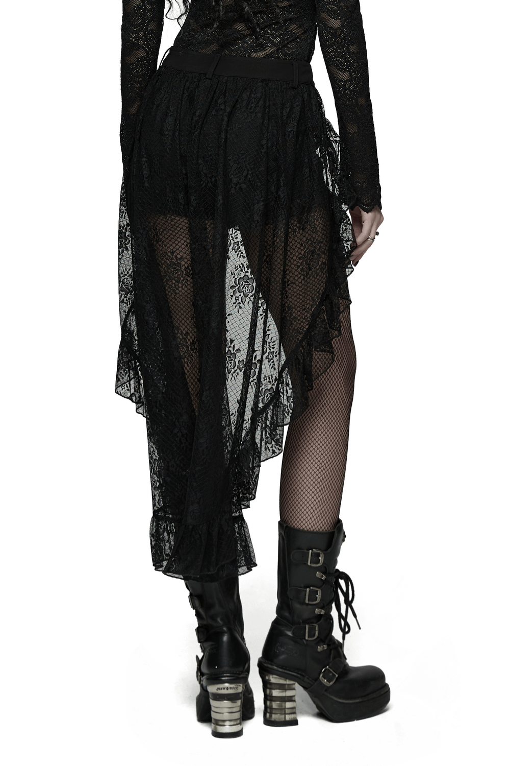 Black Gothic Lace Shorts with High-Low Ruffled Hem styled with dramatic lace overlay and edgy combat boots.