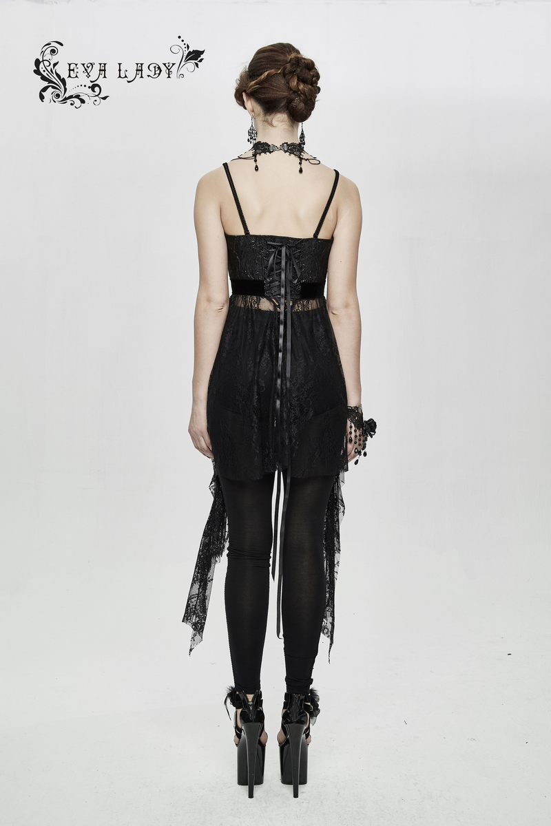 Elegant back view of a black Gothic lace sleeveless dress with a flowing design, perfect for a stylish wardrobe.