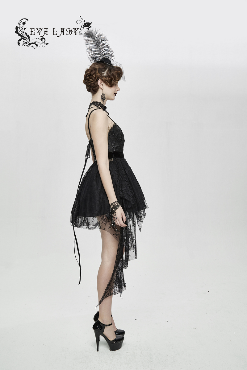 Elegant black Gothic lace dress with asymmetrical cut, showcasing a model in stylish pose with feather headband.