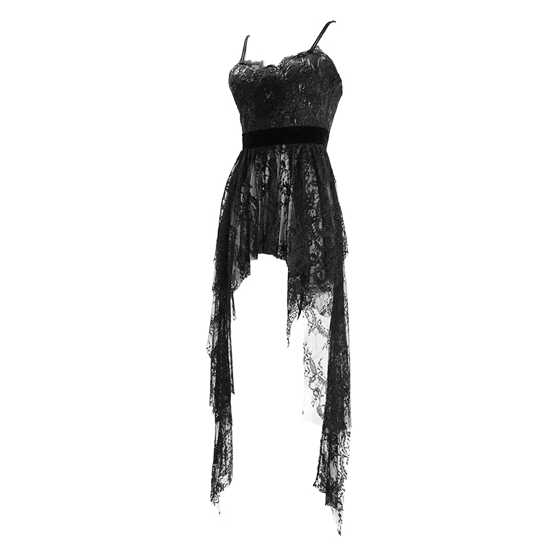 Elegant black lace sleeveless irregular dress with red beading, perfect for gothic style lovers.