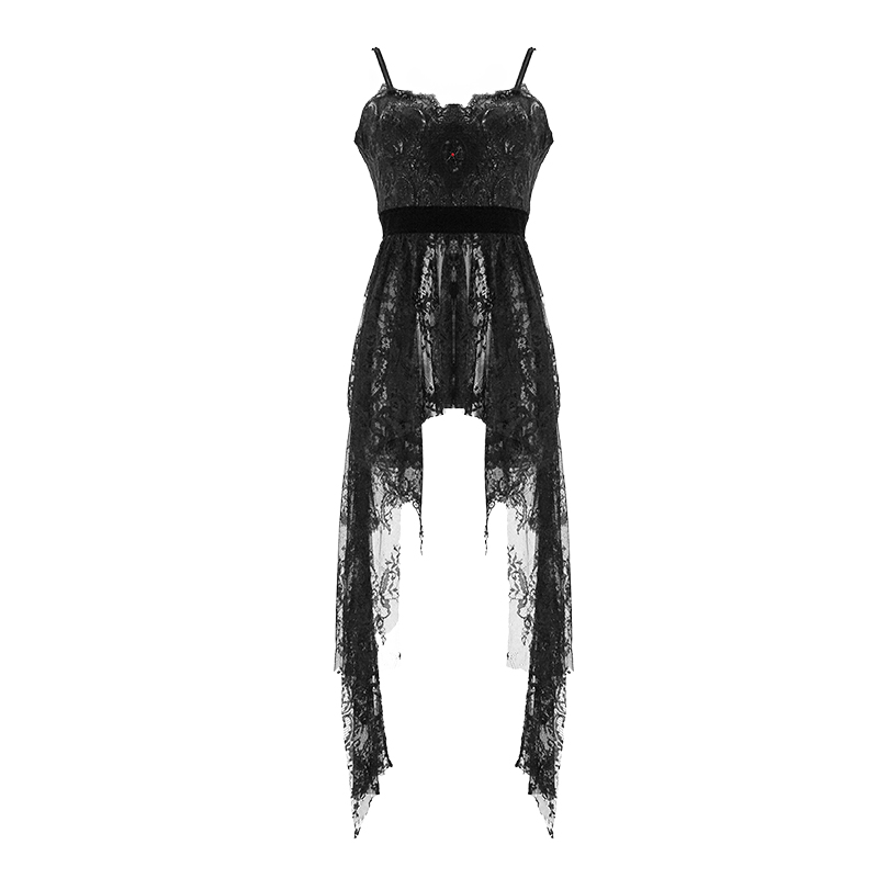 Black Gothic lace sleeveless dress with red beading and asymmetrical hem, perfect for elegant occasions.