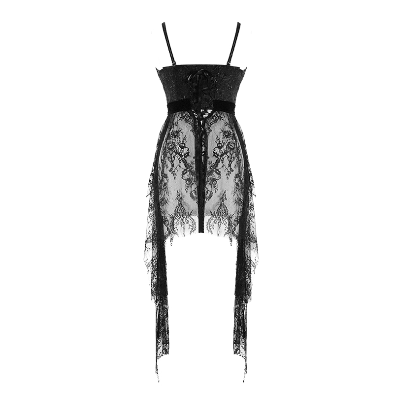 Elegant black gothic lace sleeveless dress with asymmetrical cut and red beading details, perfect for a stylish look.
