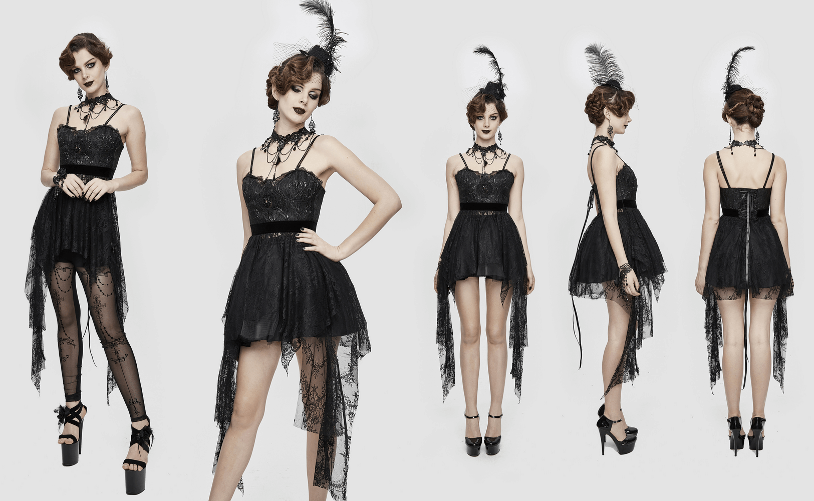 Stylish model wearing a black Gothic lace sleeveless short irregular dress with red beading and feather accessories.