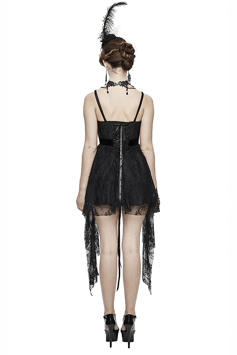 Back view of a women's black gothic lace sleeveless dress featuring an irregular hem and elegant details.