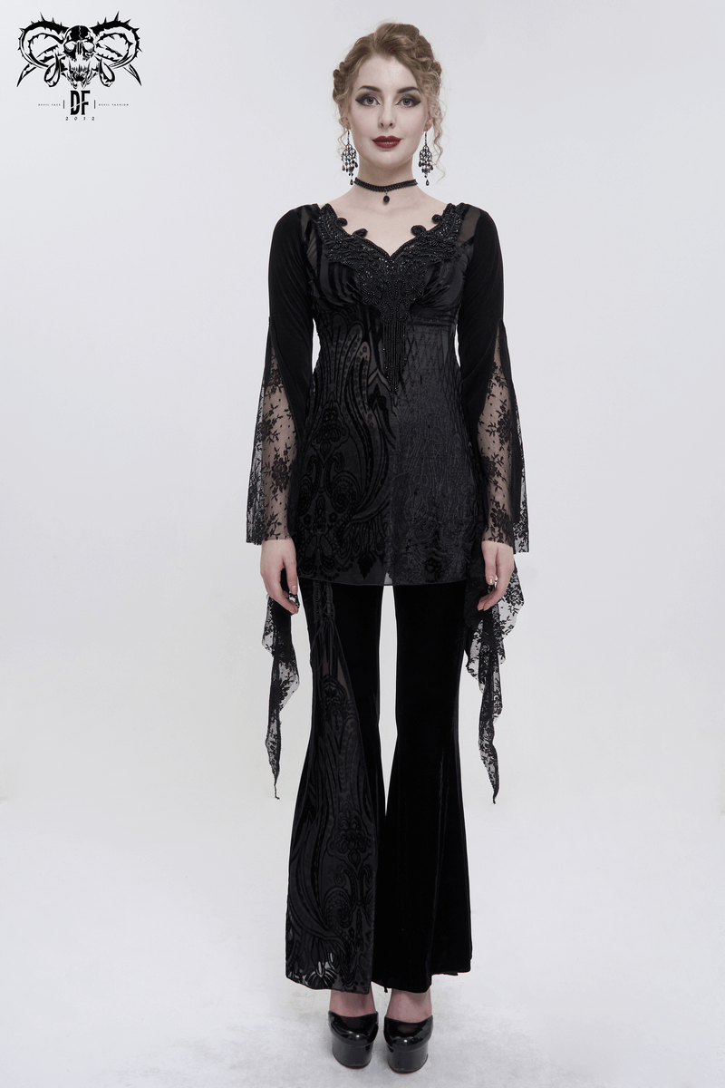 Black Gothic Lace Tasseled Long Trumpet Sleeves Top for Women / Exquisite Female Clothing