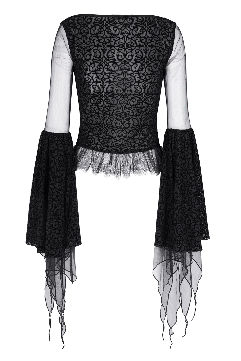 Back view of black gothic lace top with mesh sleeves and floral appliques, featuring an asymmetrical hem and dramatic bell sleeves.