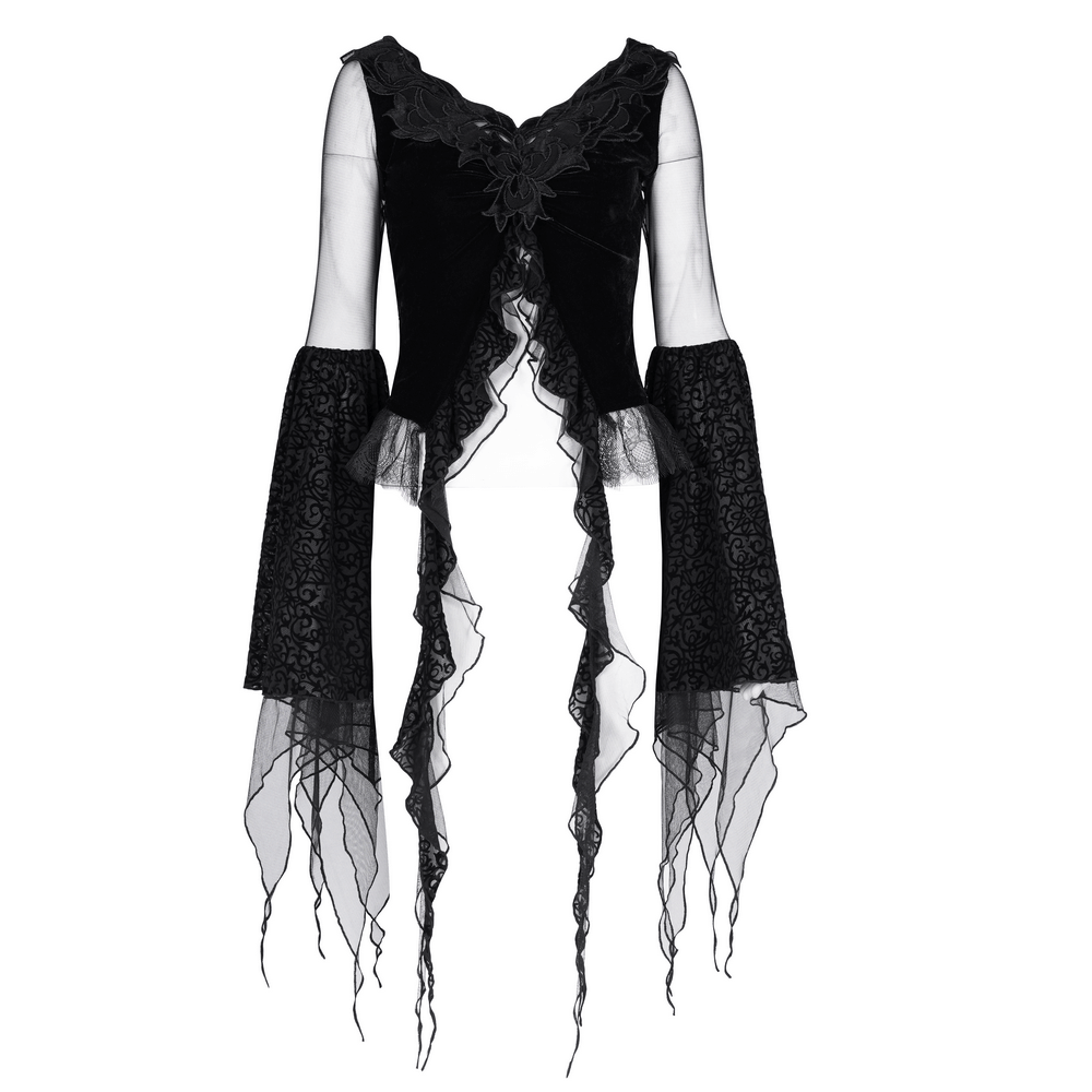 Schwarzes Gothic-Spitzentop mit Netzärmeln und asymmetrischem Saum