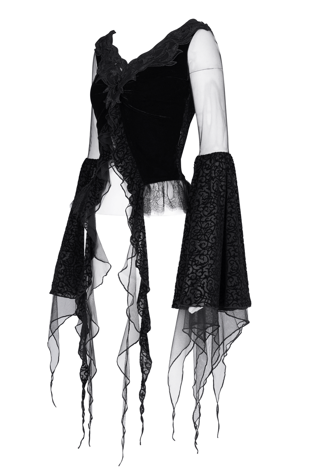 Black Gothic Lace Top with Mesh Sleeves and Asymmetric Hem