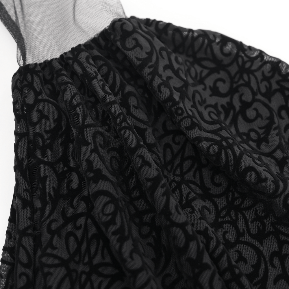 Close-up of black gothic lace fabric with intricate floral patterns, featuring delicate mesh details for a dark fantasy vibe.