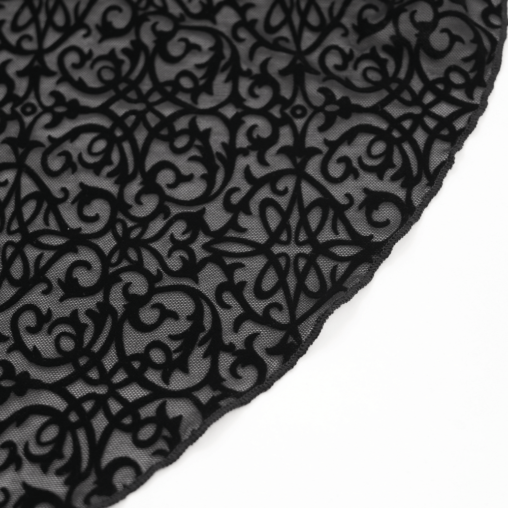 Black lace fabric with intricate gothic floral patterns, perfect for a dark fantasy fashion top.