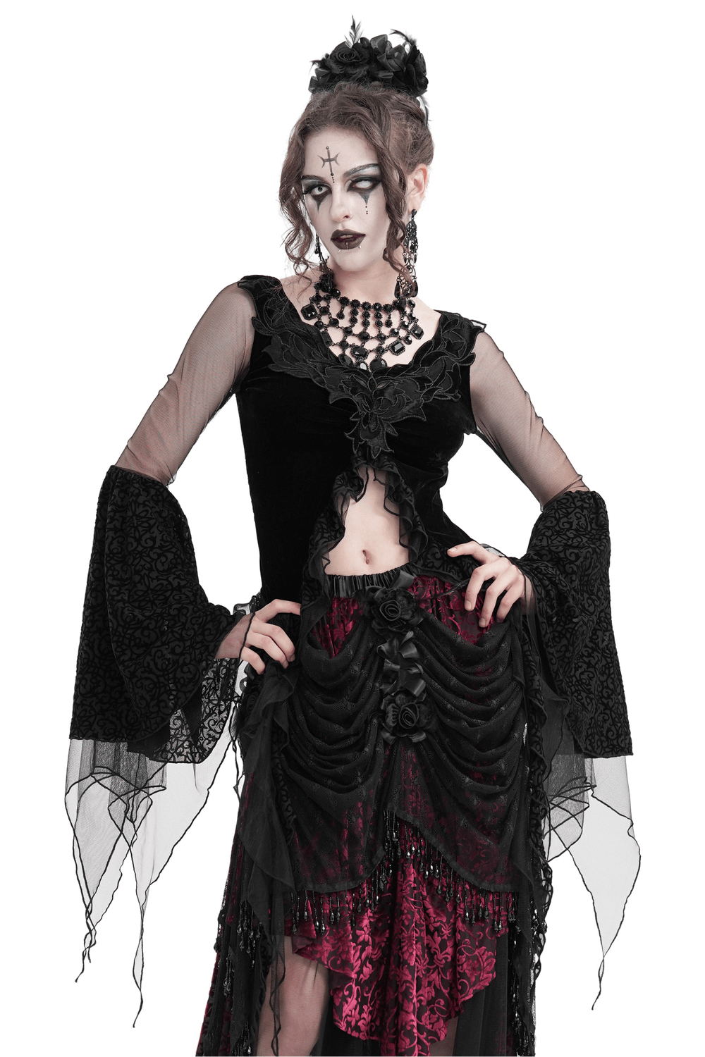 Black gothic lace top with mesh sleeves, floral applique, and dramatic bell sleeves, perfect for dark fantasy fashion.