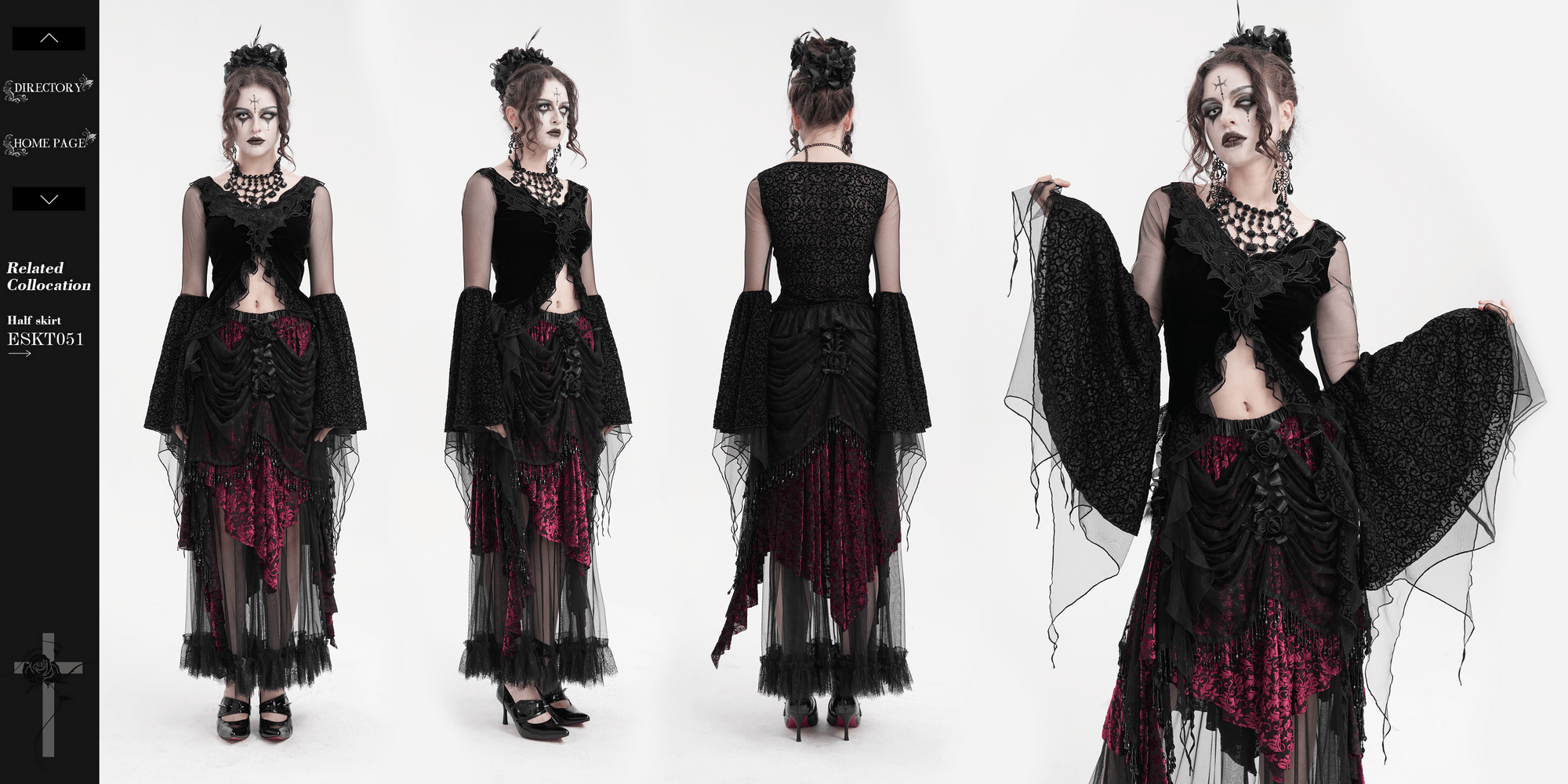 Black gothic lace top with mesh sleeves, floral appliques, and asymmetrical hem for a dark fantasy style.