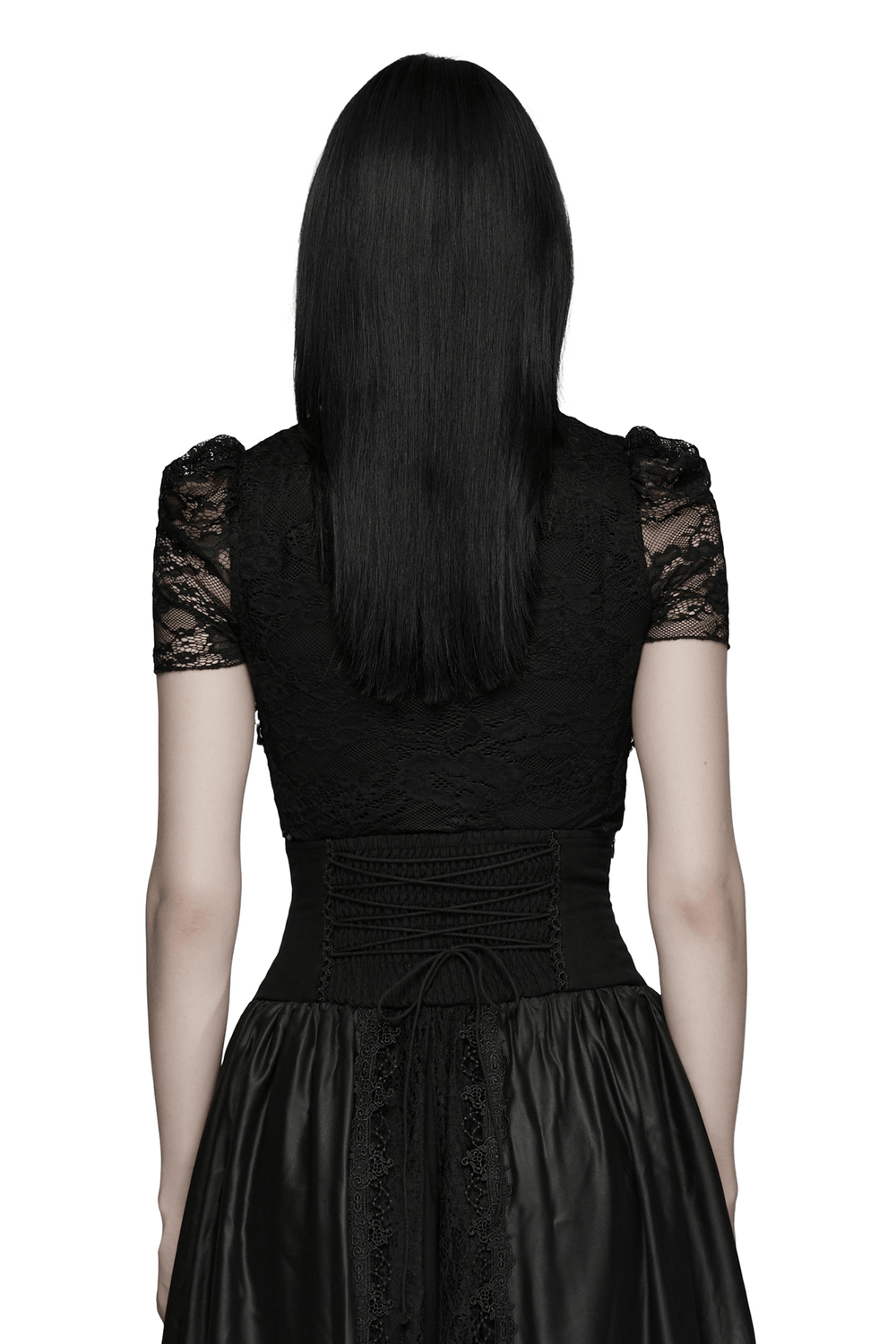 Black Gothic Lace Top with Puff Sleeves Detail showcasing the back design and elegant lace texture.