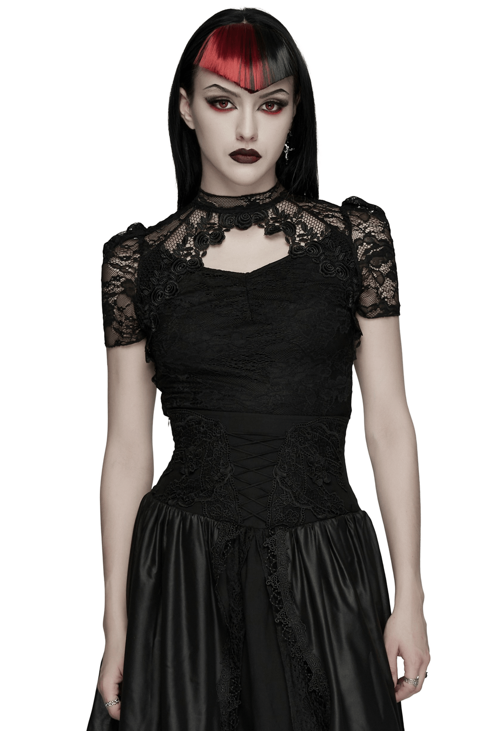 Black Gothic Lace Top with Puff Sleeves Detail worn by a model showcasing its floral lace pattern and Victorian keyhole neckline.