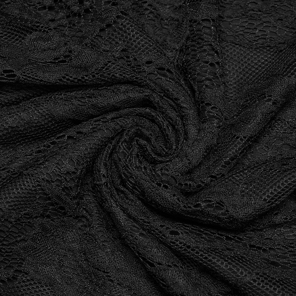 Black Gothic Lace Top with Puff Sleeves Detail fabric showing intricate lace texture and black color.