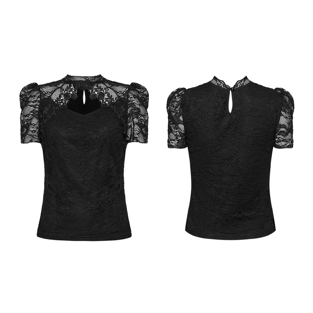 Black Gothic Lace Top with Puff Sleeves Detail featuring floral lace and Victorian keyhole neckline.