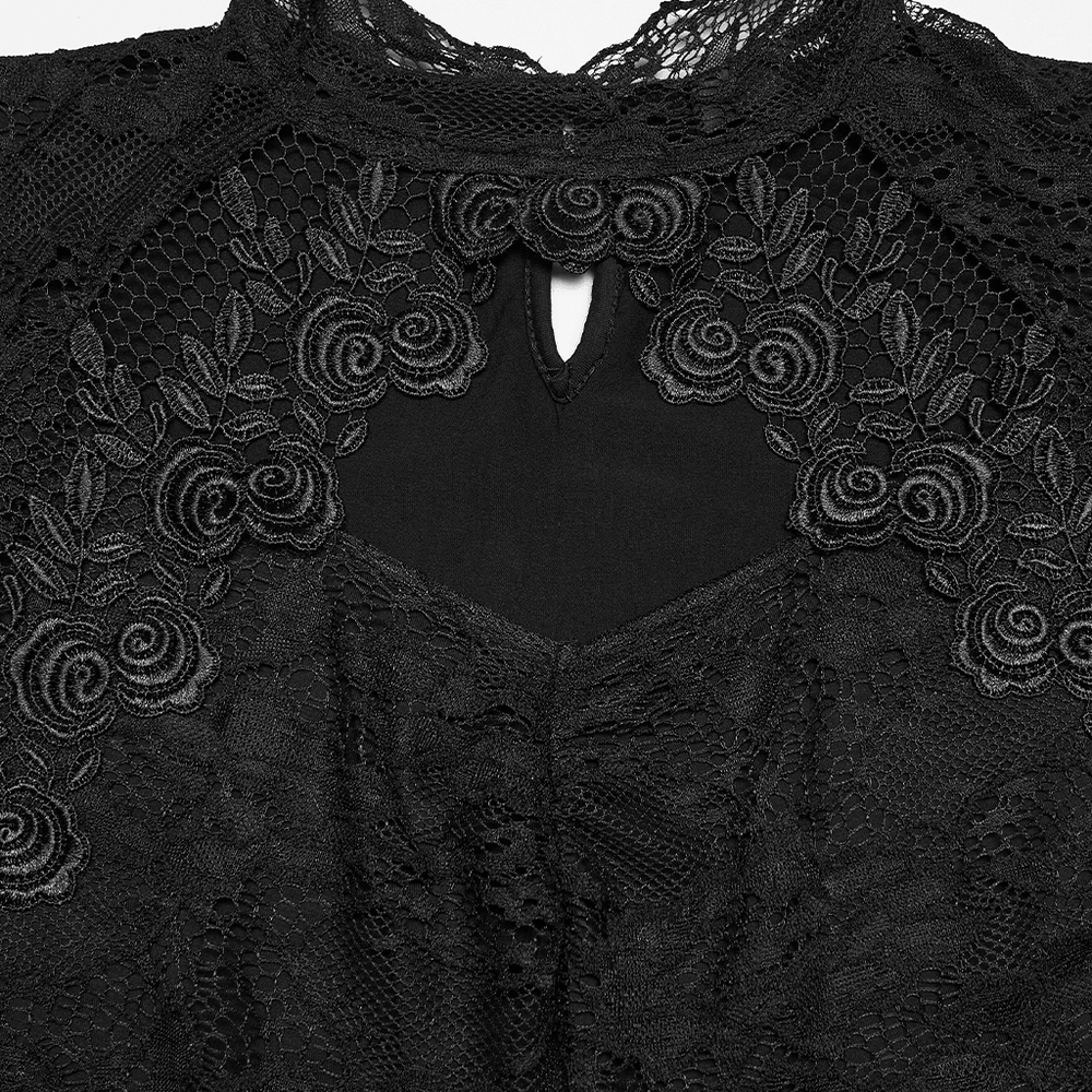 Black Gothic Lace Top with Puff Sleeves Detail featuring floral lace and Victorian keyhole neckline details.
