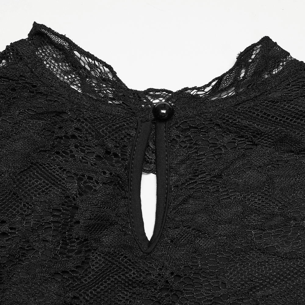 Black Gothic Lace Top with Puff Sleeves Detail - Victorian keyhole neckline close-up in delicate lace.