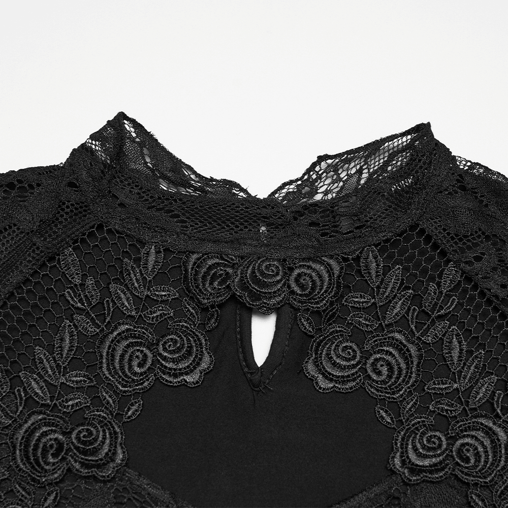 Black Gothic Lace Top with Puff Sleeves Detail showcasing the Victorian keyhole neckline and floral lace pattern.
