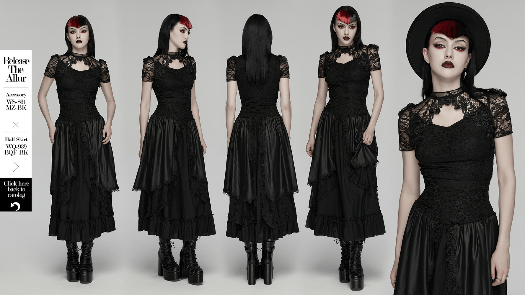 Black Gothic Lace Top with Puff Sleeves Detail worn with a flowy gothic skirt and gothic accessories.