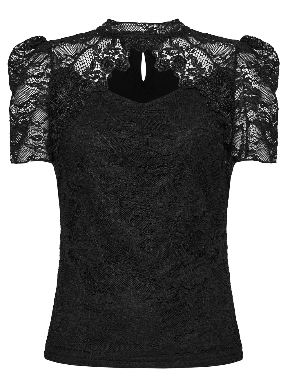 Black Gothic Lace Top with Puff Sleeves Detail featuring delicate lace and a Victorian keyhole neckline.
