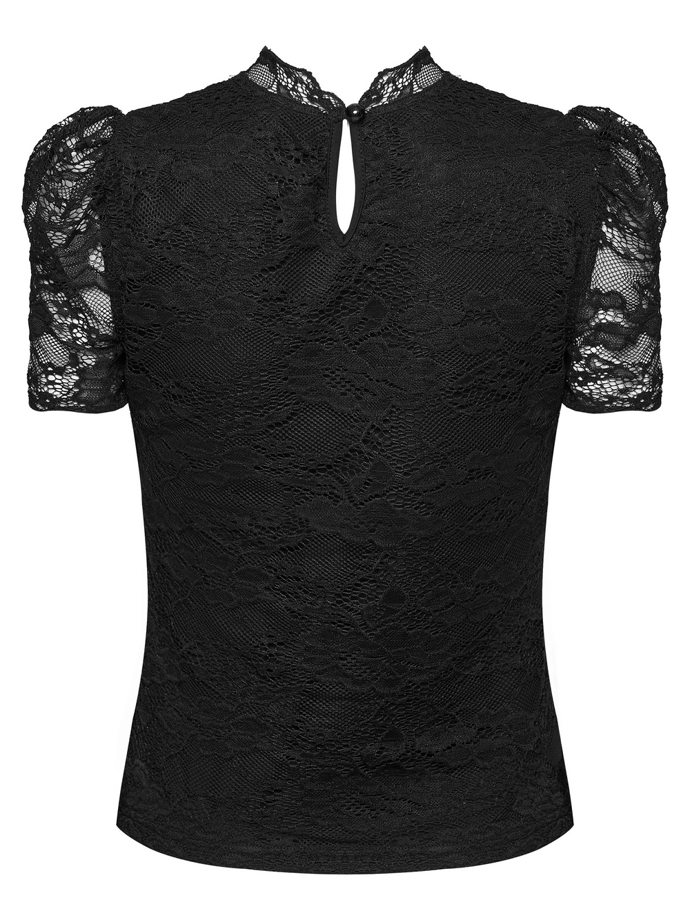Black Gothic Lace Top with Puff Sleeves Detail showcasing the intricate floral lace and Victorian keyhole neckline.