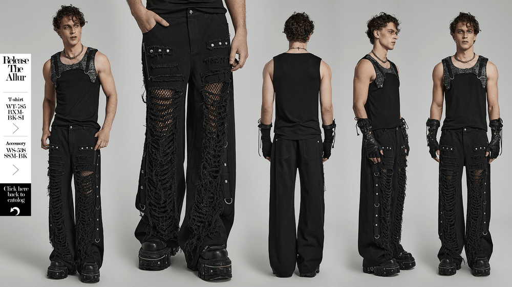 Black Gothic lace-up cargo pants with punk chain details and ripped design, worn by a model showcasing edgy street style.