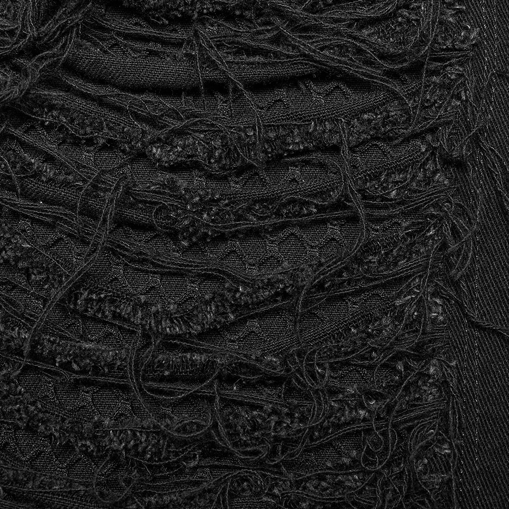 Close-up of black gothic ripped fabric showcasing edgy texture and detailed patterns for men's cargo pants.