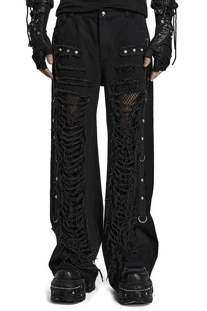 Black gothic lace-up cargo pants for men featuring ripped details and punk chains for a rebellious style.