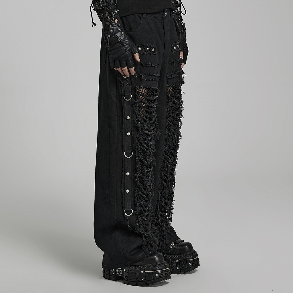 Black Gothic lace-up cargo pants with ripped details and metal rivets for a punk-inspired look.