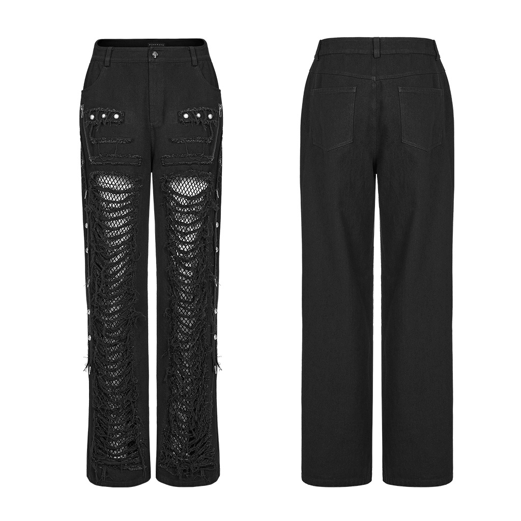 Black Gothic lace-up chain cargo pants for men with ripped detailing and metal rivets, showcasing edgy punk style.