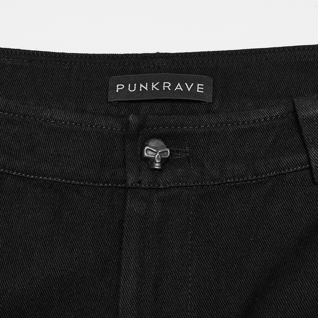 Close-up of Punkrave black gothic cargo pants with skull button detail and label.