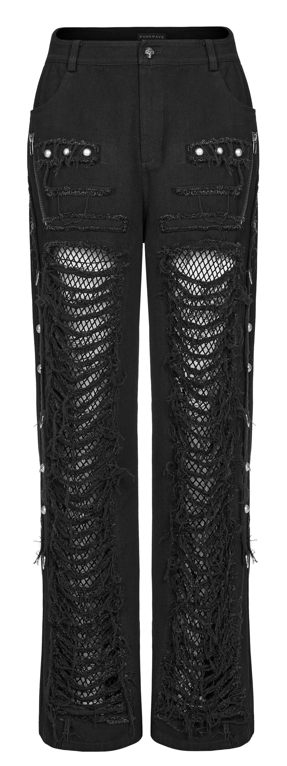 Black Gothic lace-up cargo pants with ripped details and chains for a punk rock look.