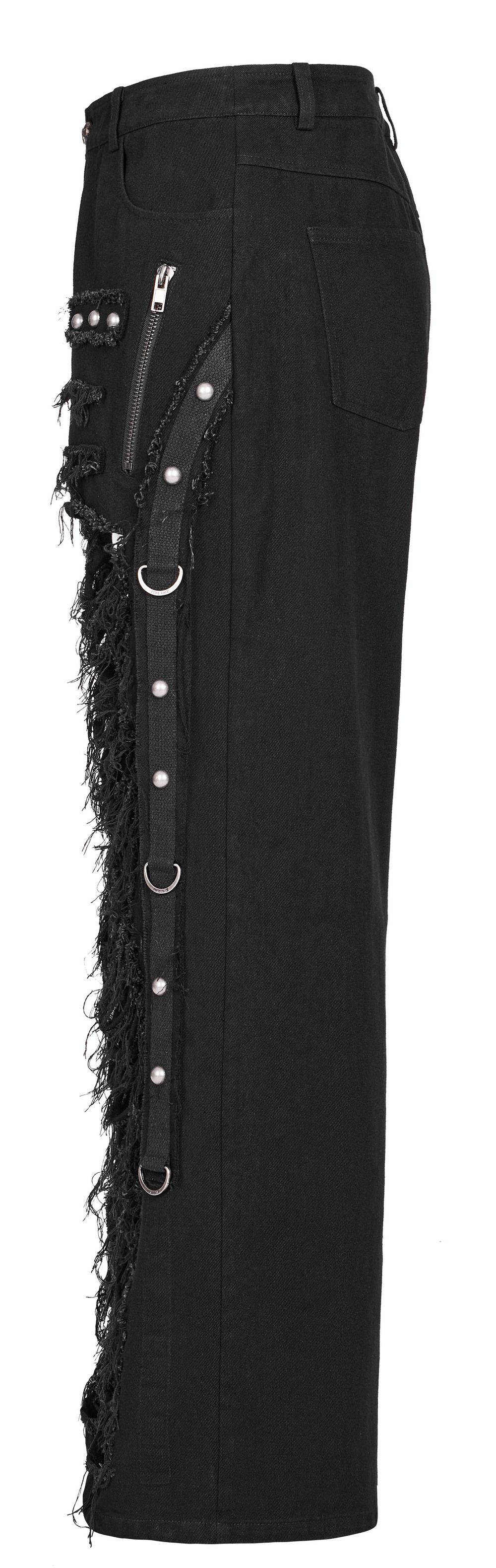 Black Gothic lace-up cargo pants with ripped detail and punk chain design for men, side view.