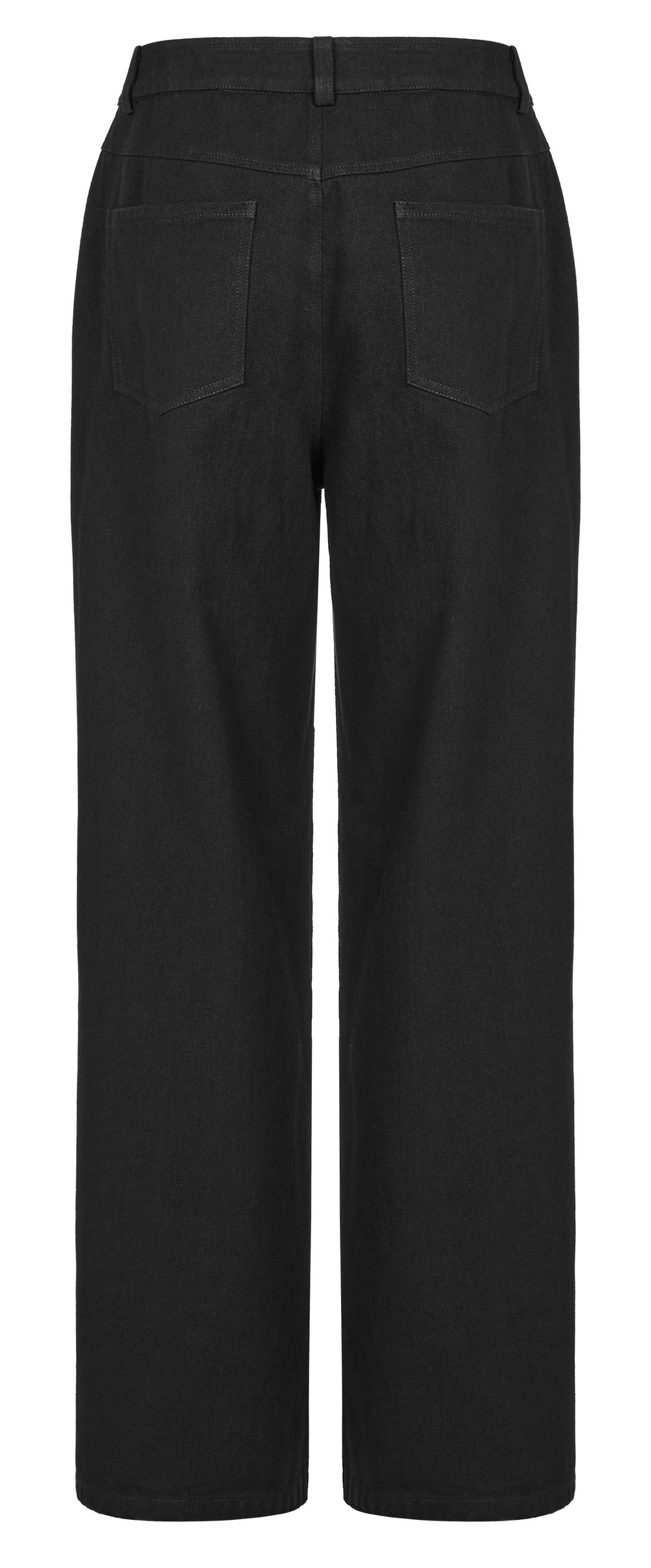 Back view of black gothic lace-up chain cargo pants for men, featuring a relaxed fit and two rear pockets.