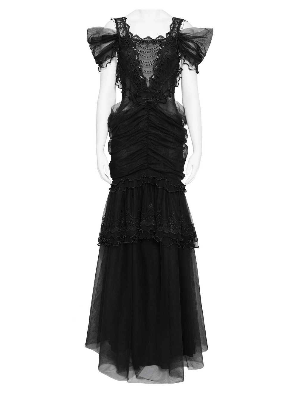 Black Gothic Lace-Up Dress with Ruffled Tulle and Roses on display, showcasing elegant lace and tiered design.