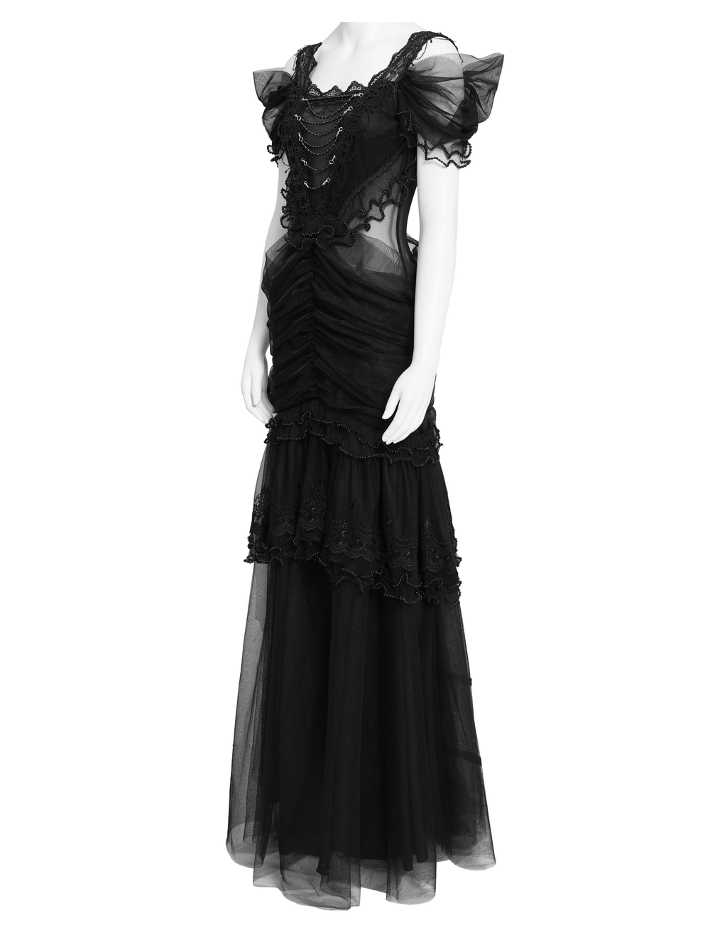 Black Gothic Lace-Up Dress with Ruffled Tulle and Roses on mannequin showcasing elegant gothic style.